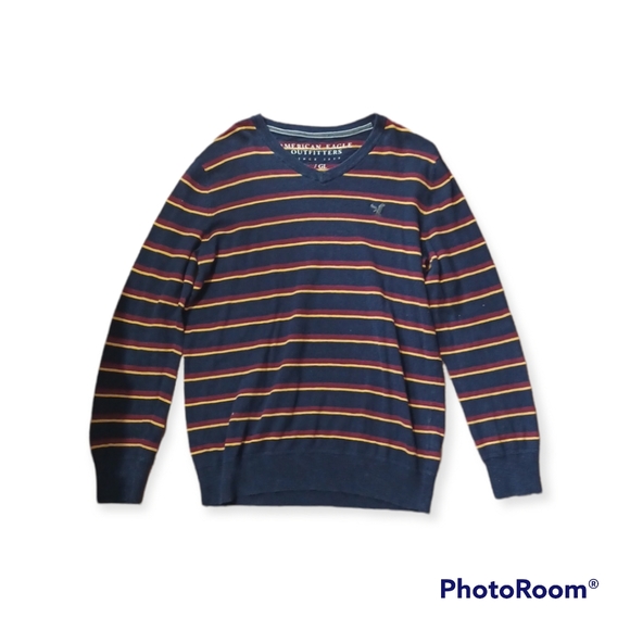 American Eagle outfitters sweater, striped dark red, yellow, dark blue - Picture 1 of 2